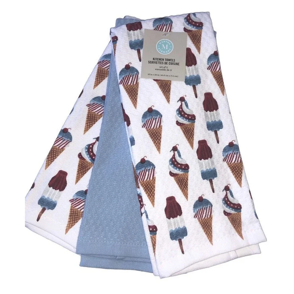 Martha Stewart Kitchen Dish Towels 4th Of July Red White Blue Ice Cream Set Of 3